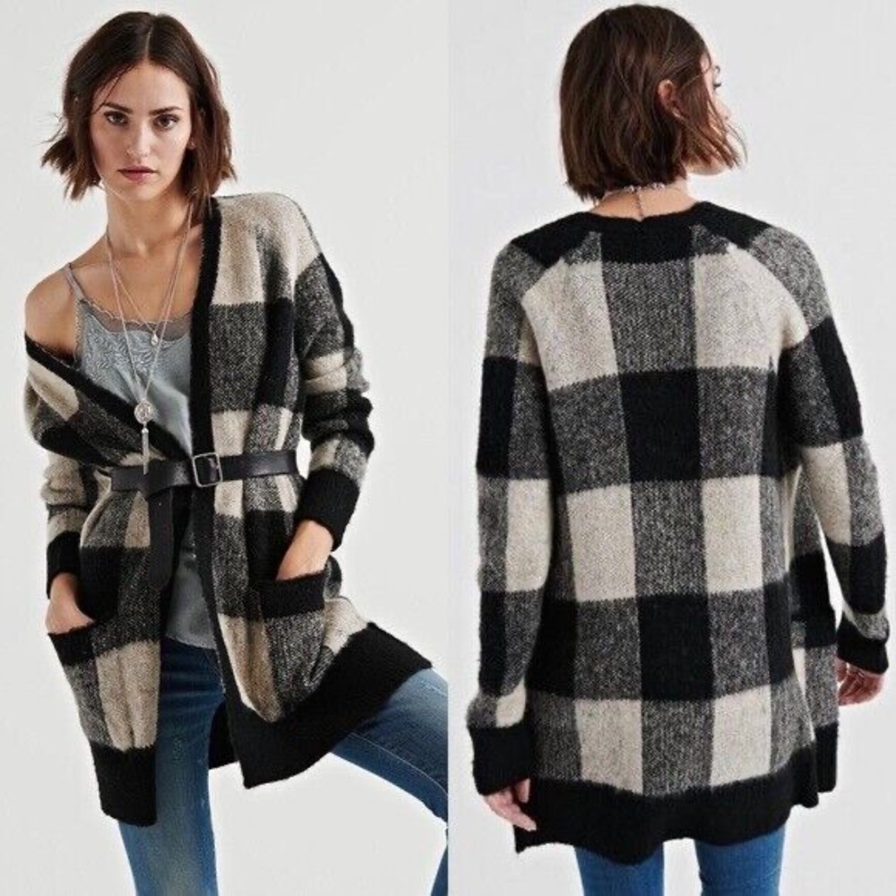 Lucky Brand Black Ivory Buffalo Plaid Open Front Wool Blend Cardigan